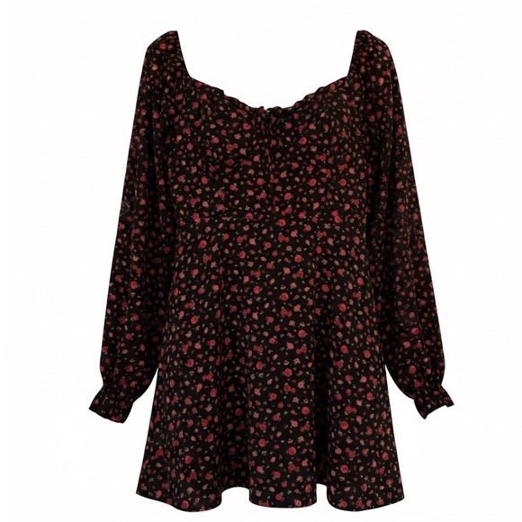 Inspired Hearts Dresses & Skirts - Black Floral Long-Sleeve Swing Dress with Pink Rose Print